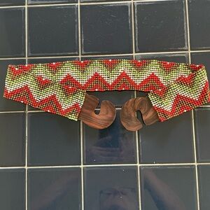 Beaded Zigzag Waist Belt with Wood Hook Closure - Red, Green, Cream